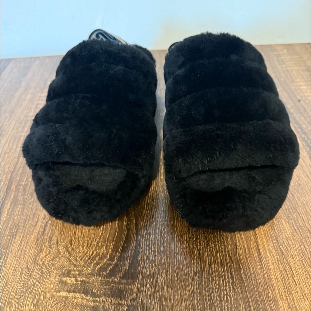 UGG Black Furry Slippers with Logo Strap